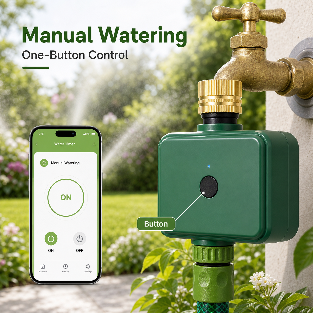 Manual watering button on Bluetooth garden water timer