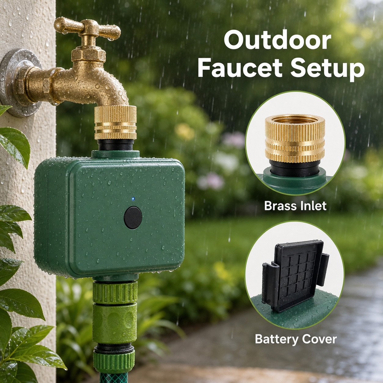 Outdoor faucet detail with Bluetooth water timer and brass inlet