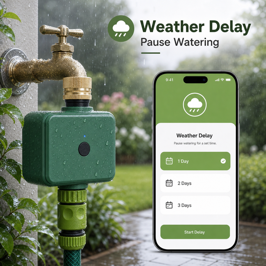 Weather delay app control for Bluetooth garden water timer