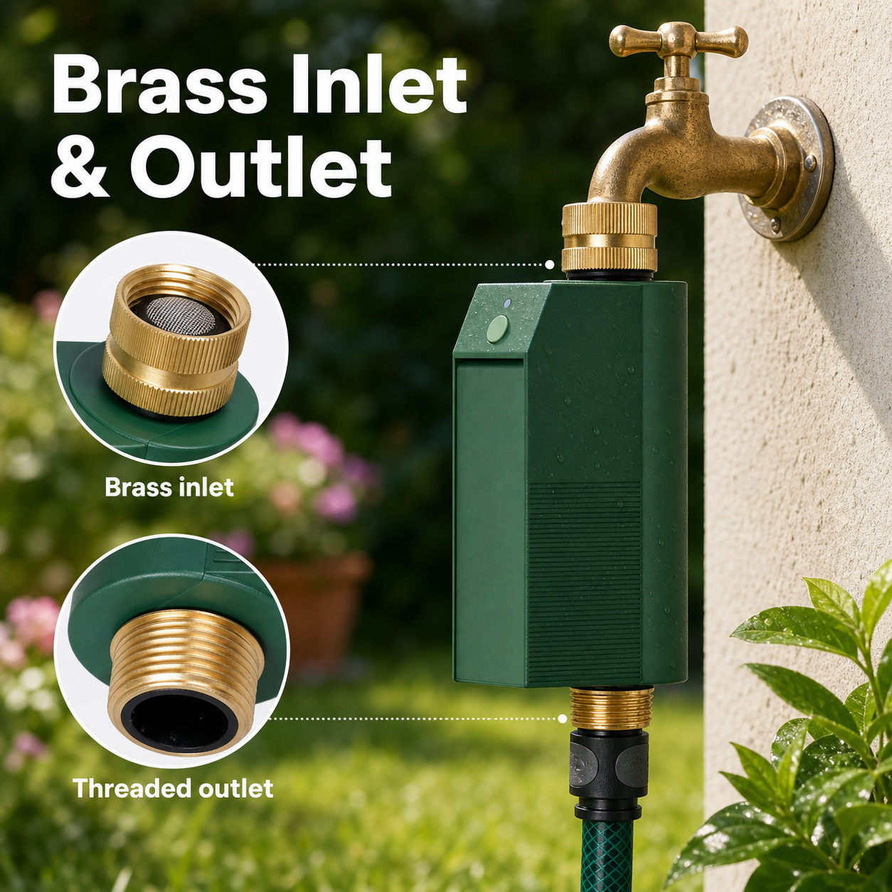 Brass inlet and threaded outlet details for Wi-Fi water timer