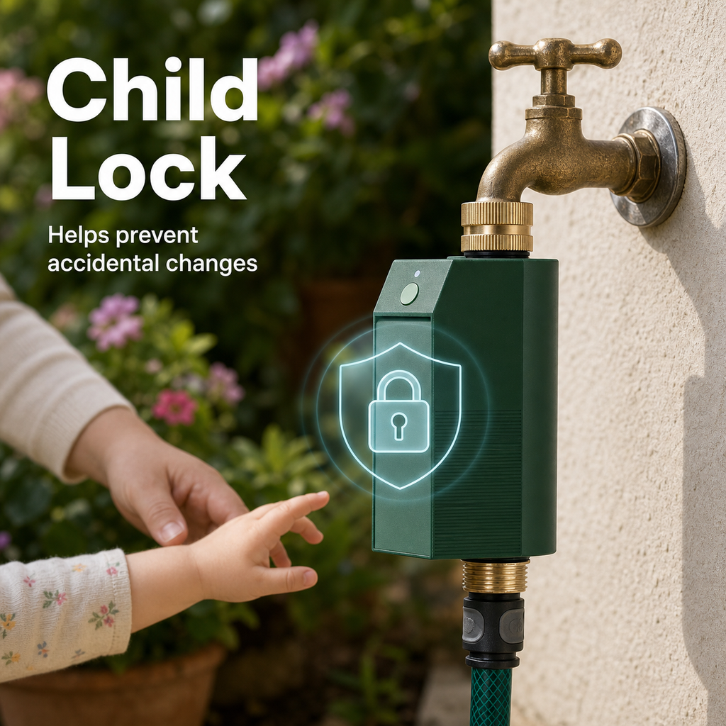 Child lock feature visual for outdoor Wi-Fi water timer