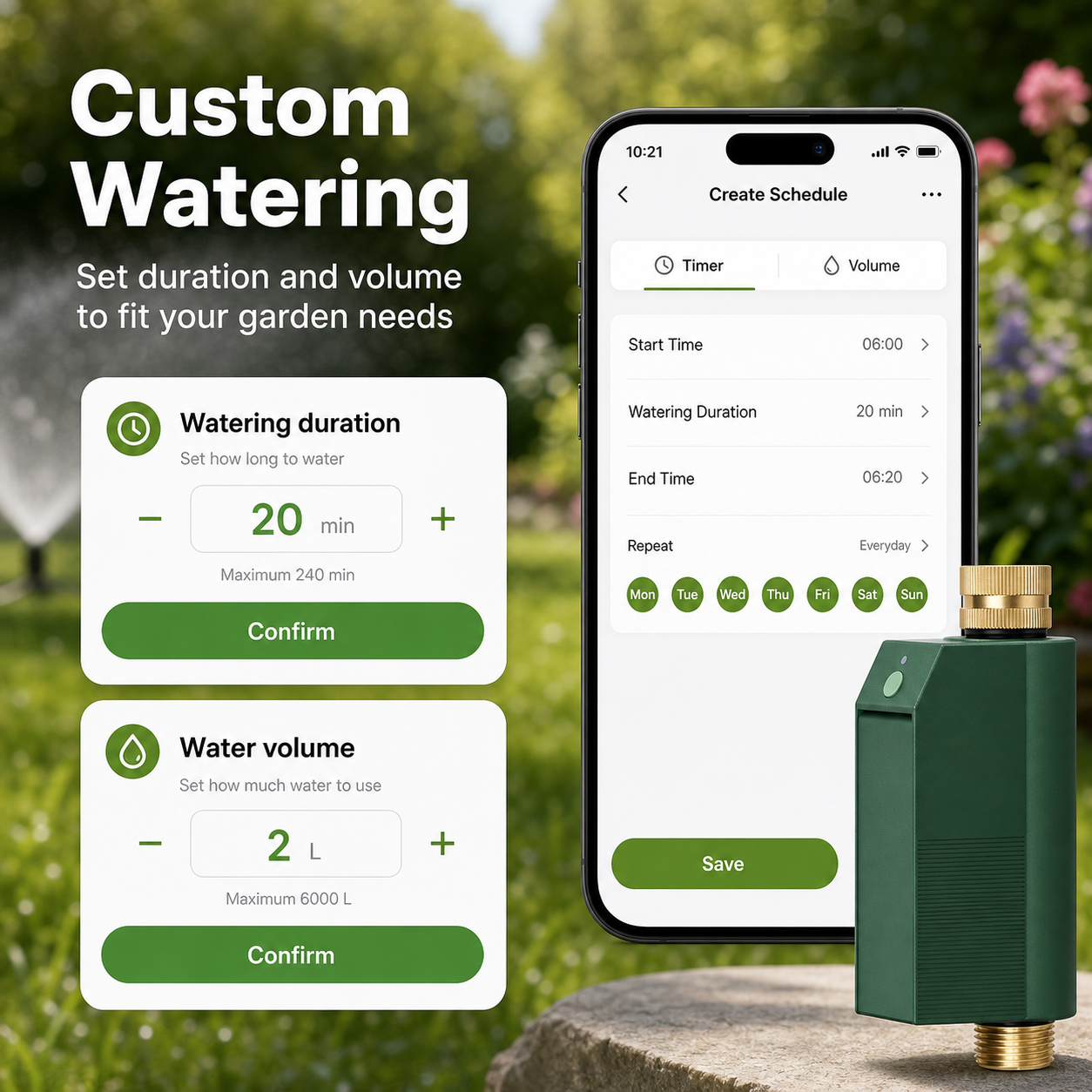 Custom watering duration and volume app settings