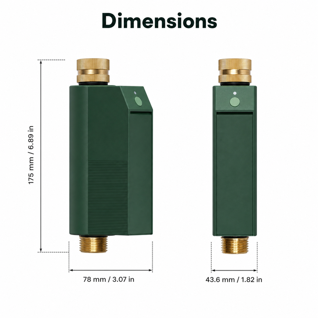 Dimensions diagram for vertical Wi-Fi garden water timer