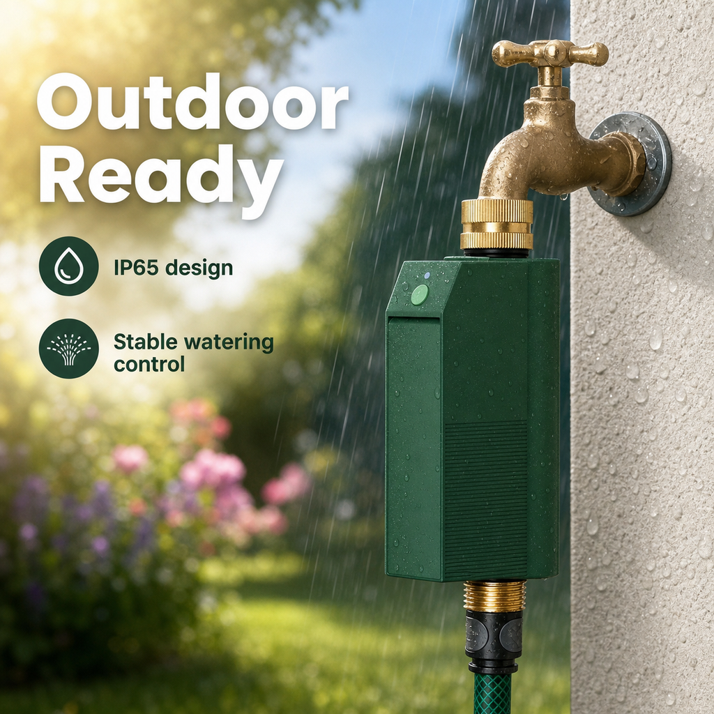 Outdoor ready IP65 garden water timer installed on faucet