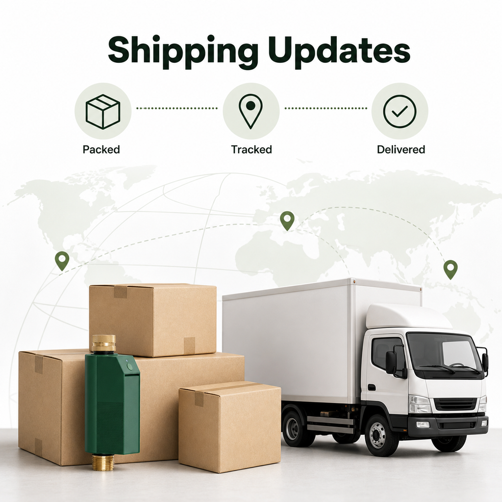 Shipping updates visual for packaged Wi-Fi garden water timer