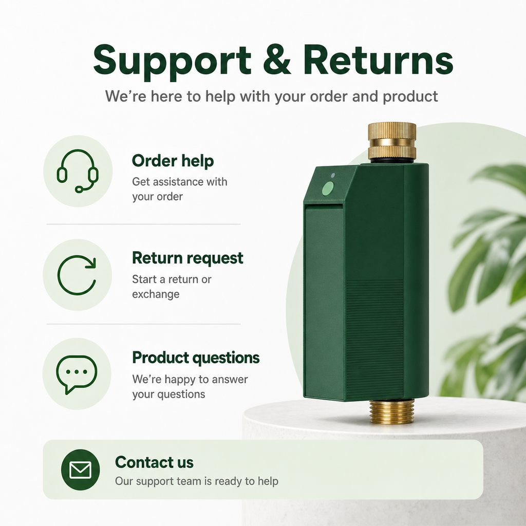 Support and returns information visual for Wi-Fi garden water timer