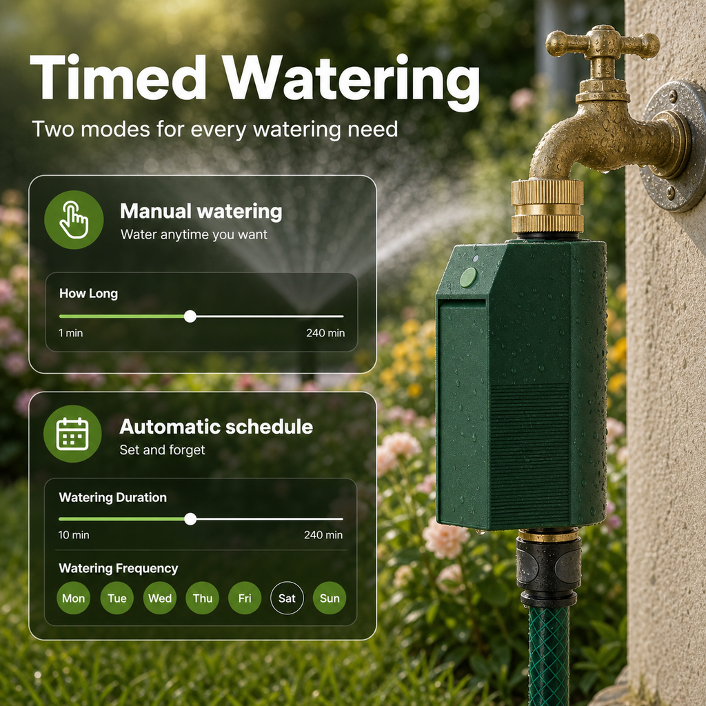 Timed watering modes for Wi-Fi garden water timer