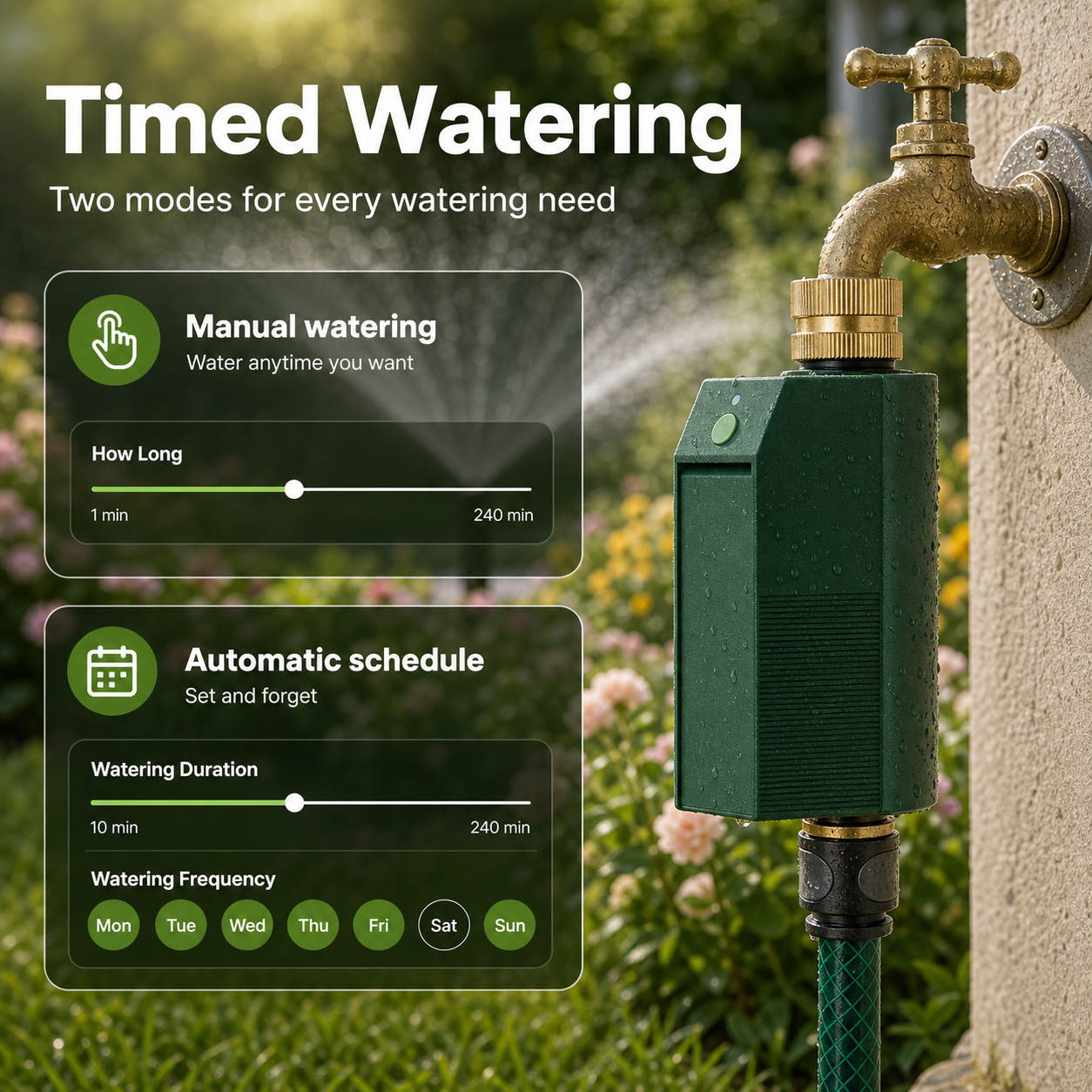 Timed watering modes for Wi-Fi garden water timer
