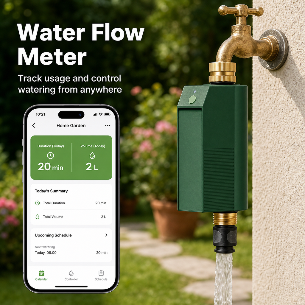 Water flow meter app visual for Wi-Fi garden water timer