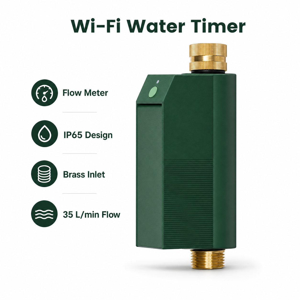 Studio packshot of vertical Wi-Fi water timer with brass inlet and outlet