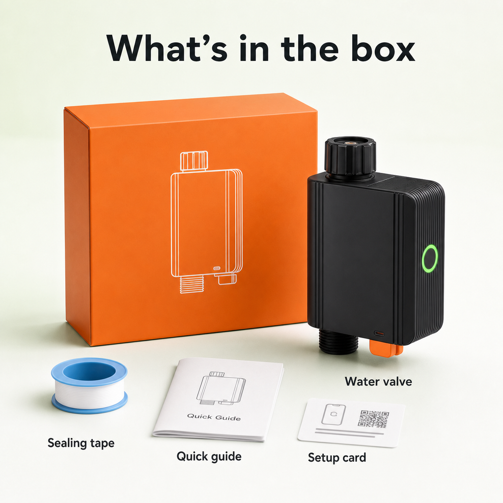 Package contents for smart garden water valve with sealing tape and guide