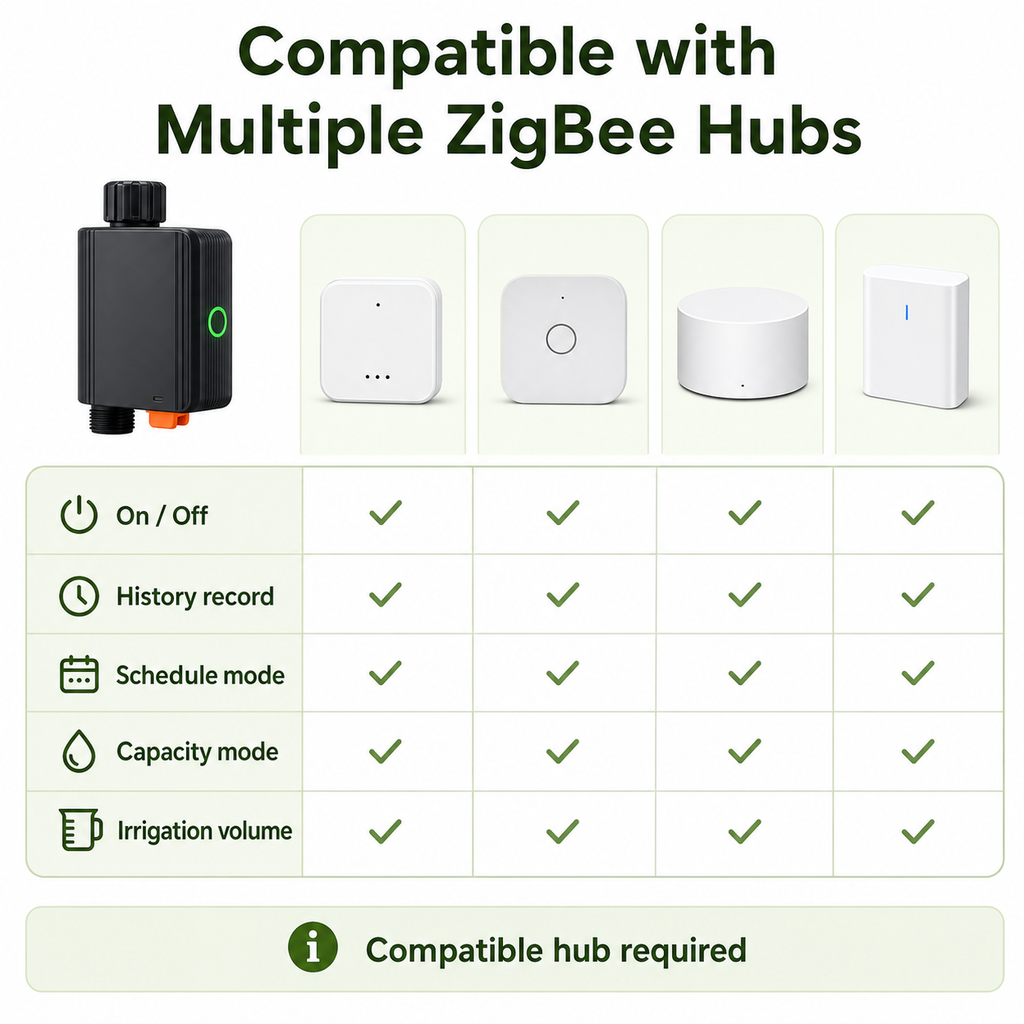 Compatible ZigBee hub capabilities table for smart water valve