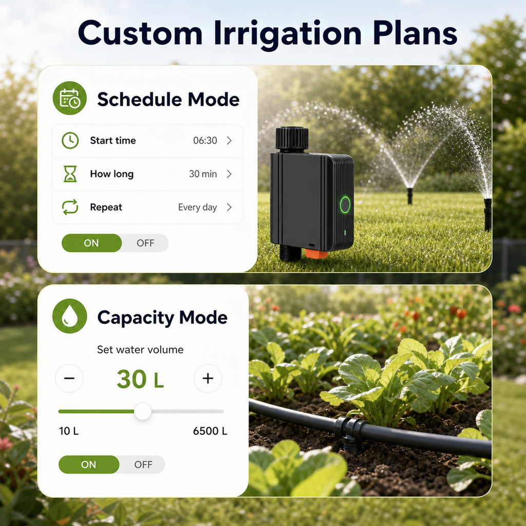 Custom irrigation plans with schedule and capacity modes
