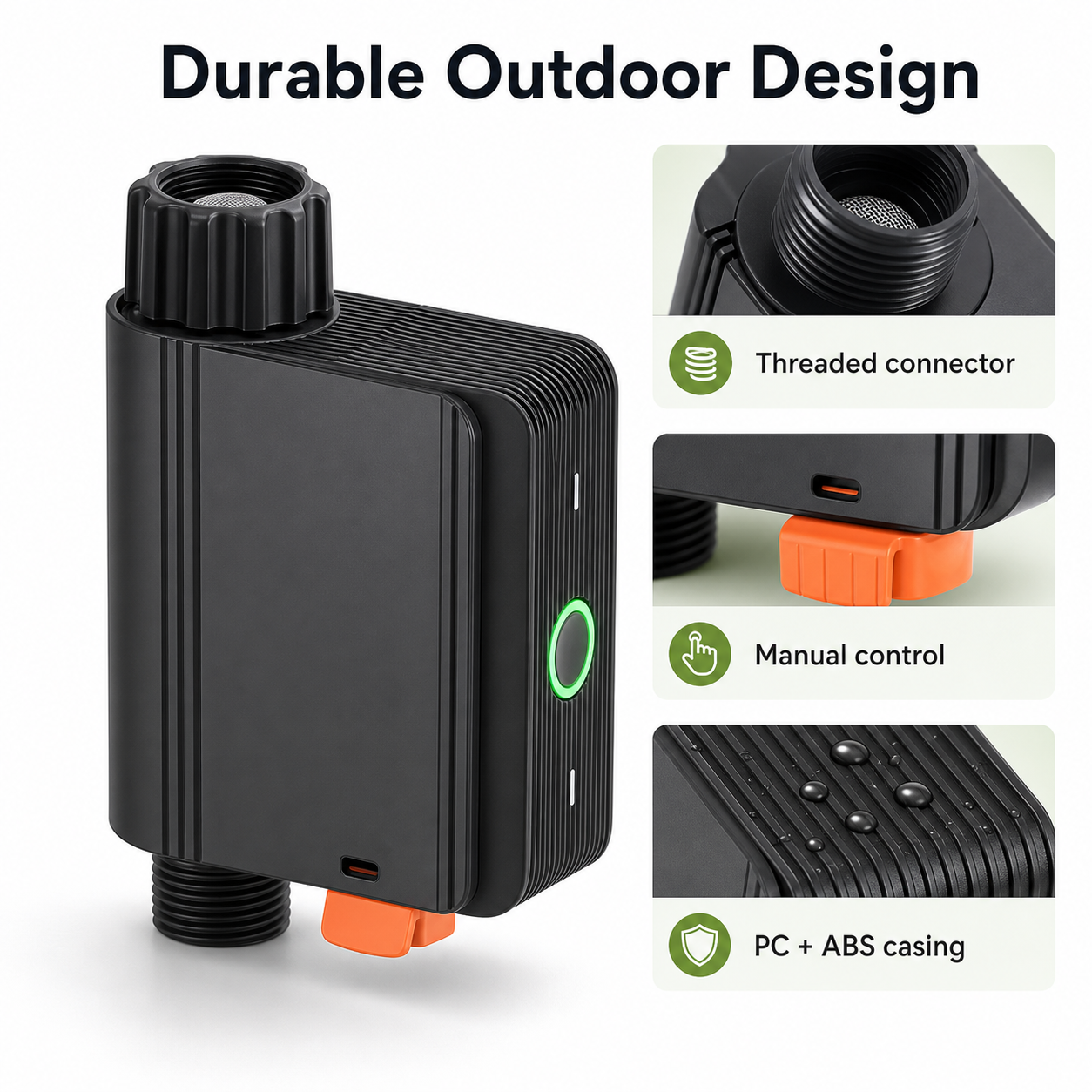Durable outdoor design details for smart garden water valve
