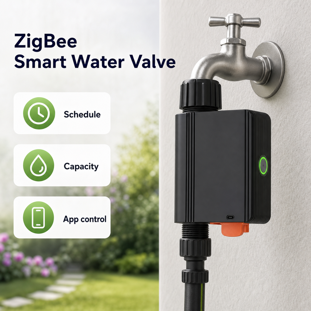 Smart ZigBee garden water valve installed under outdoor faucet