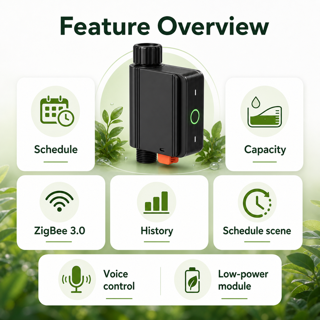 Feature overview for ZigBee smart garden water valve