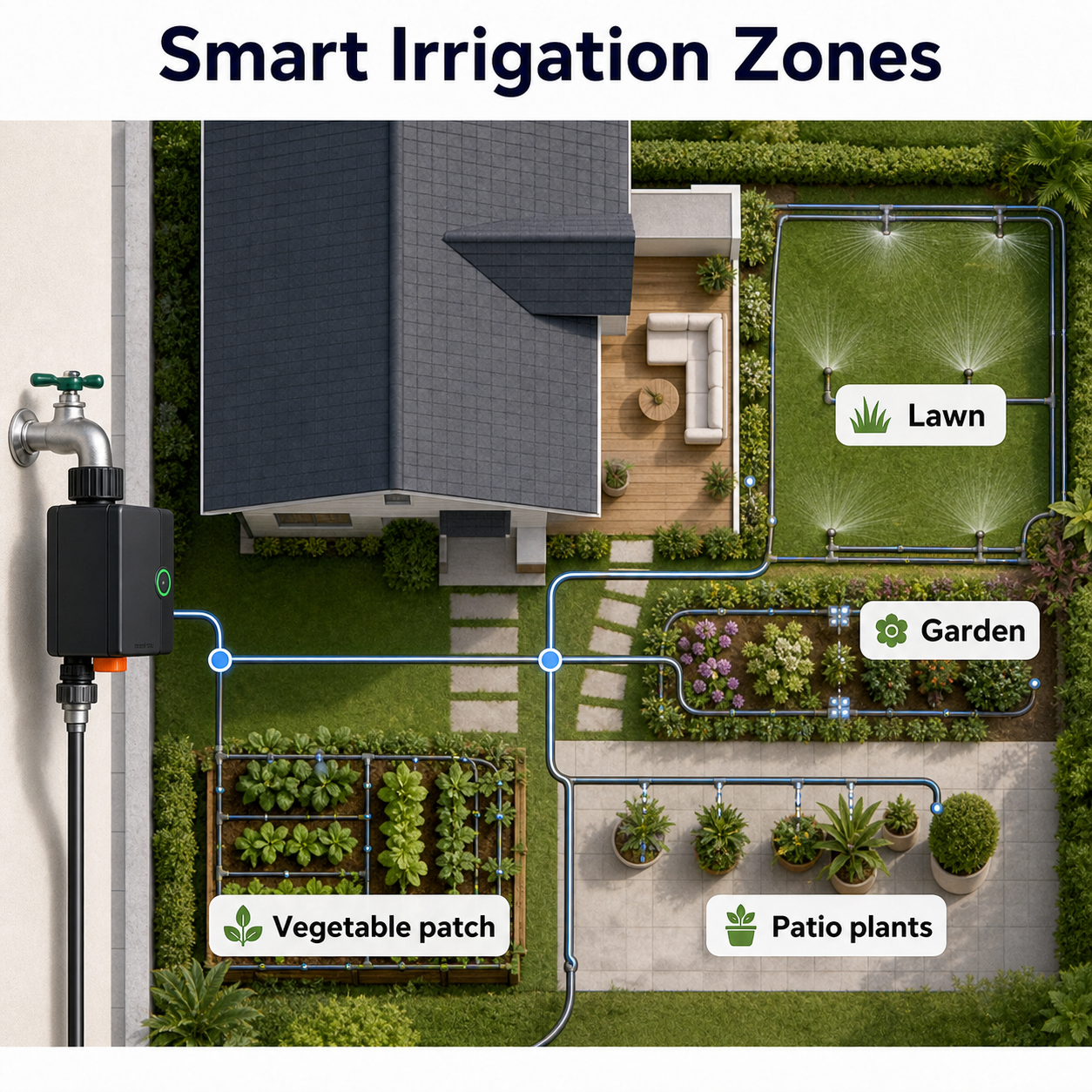 Smart irrigation zones overview for garden water valve