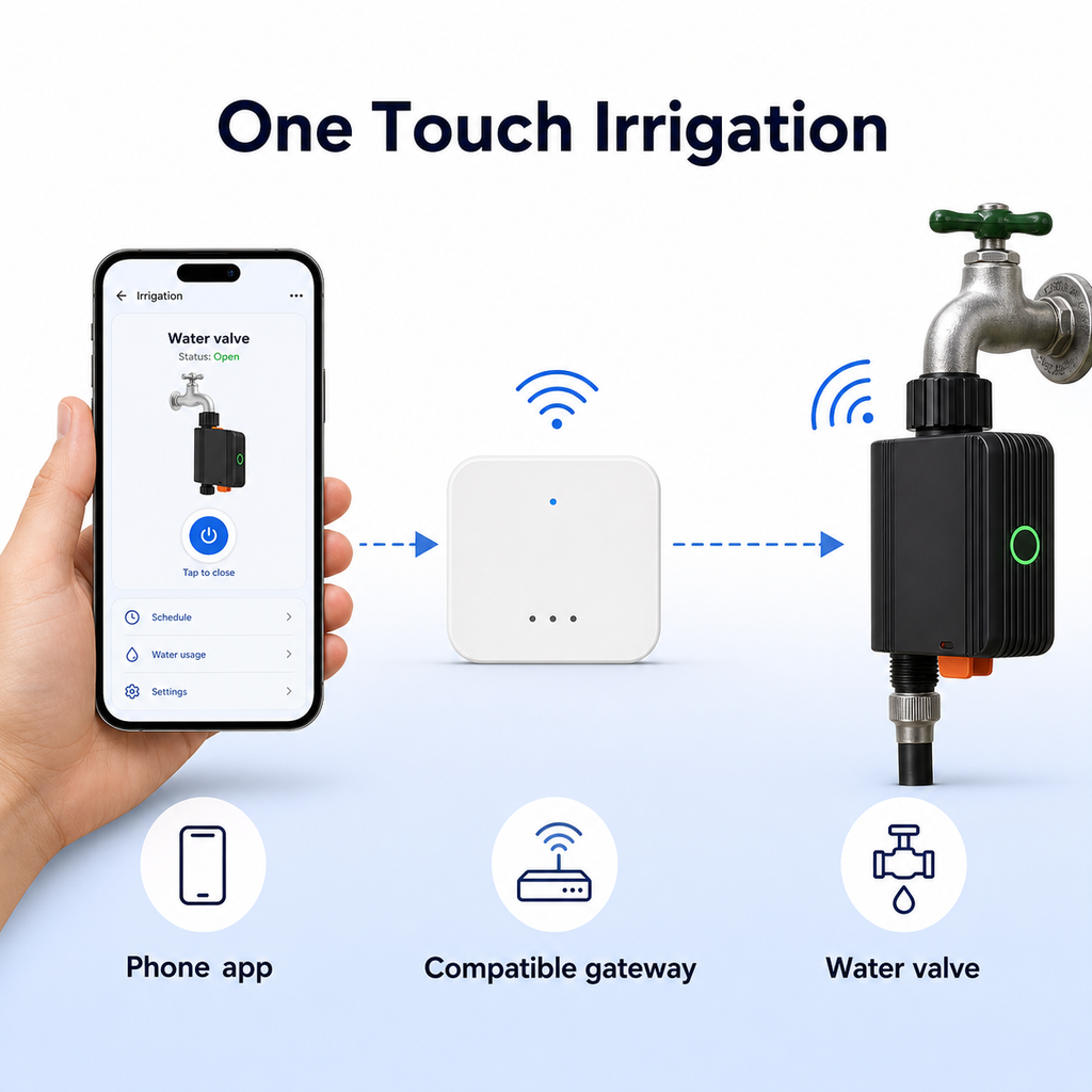 One touch irrigation diagram with phone app compatible gateway and water valve