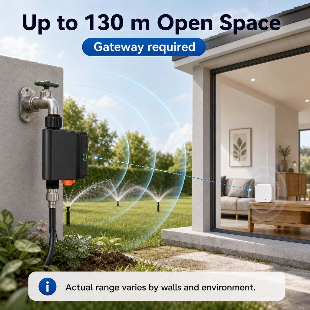 Open space connection range diagram for ZigBee water valve with gateway required