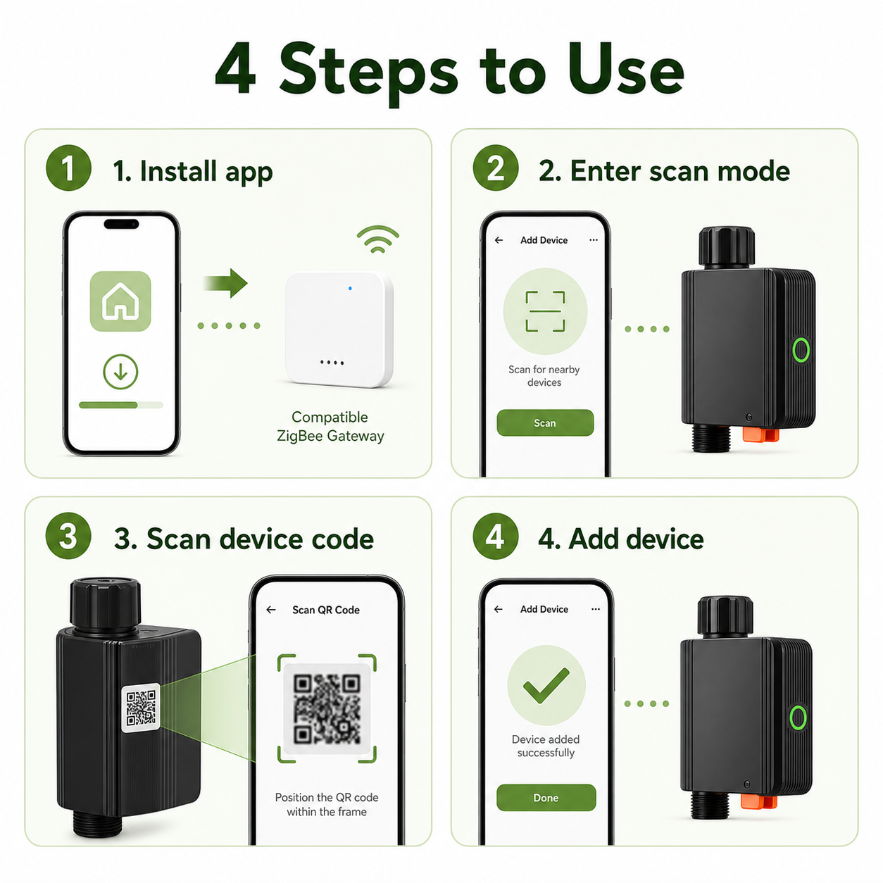Four setup steps for ZigBee smart garden water valve