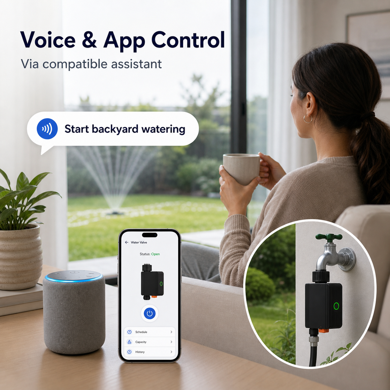 Voice and app control via compatible assistant for garden watering