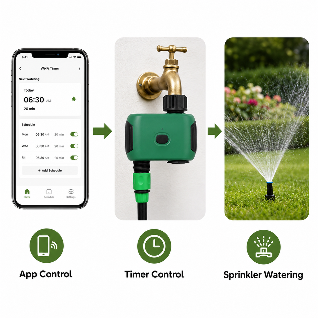 App control workflow from phone to timer and sprinkler watering