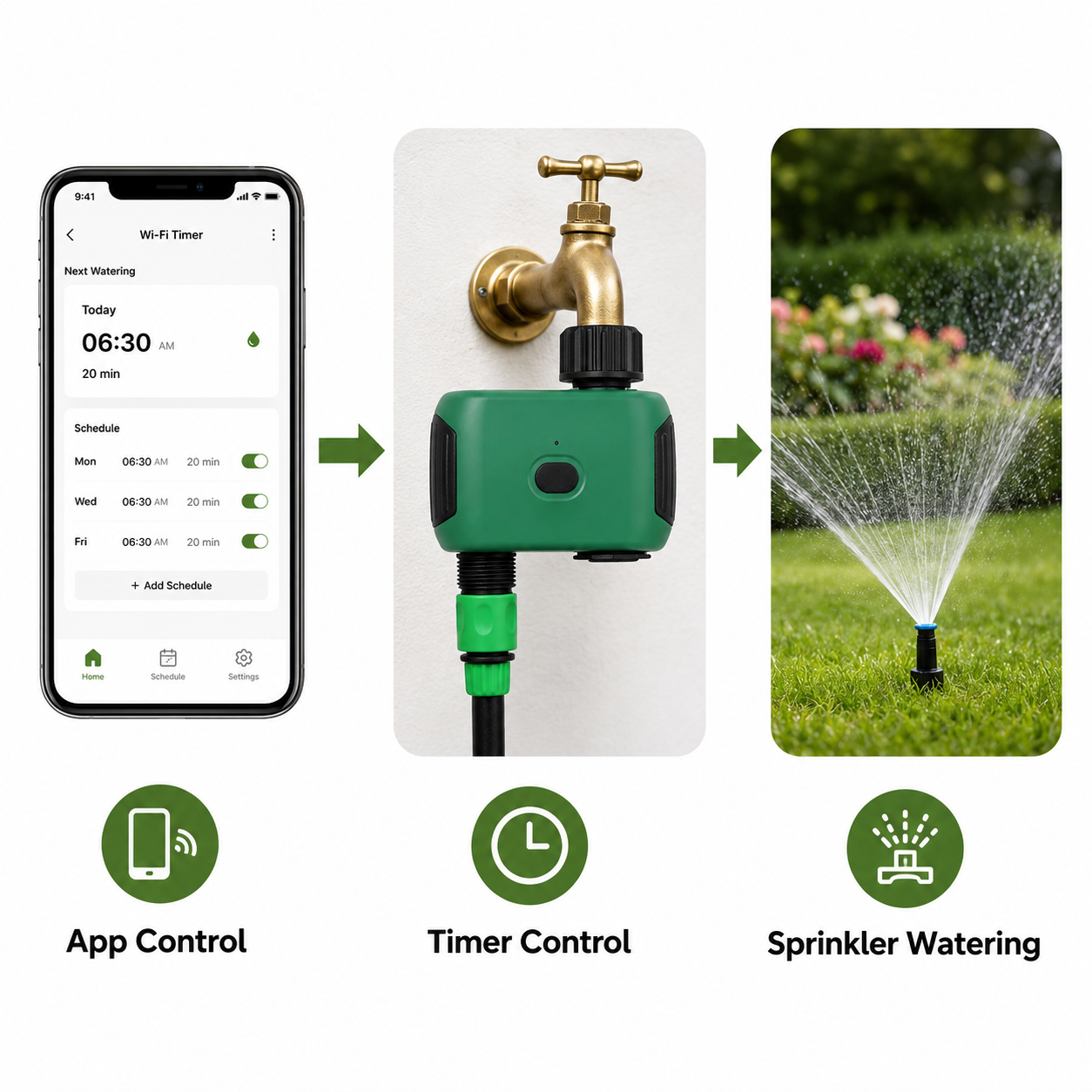 App control workflow from phone to timer and sprinkler watering