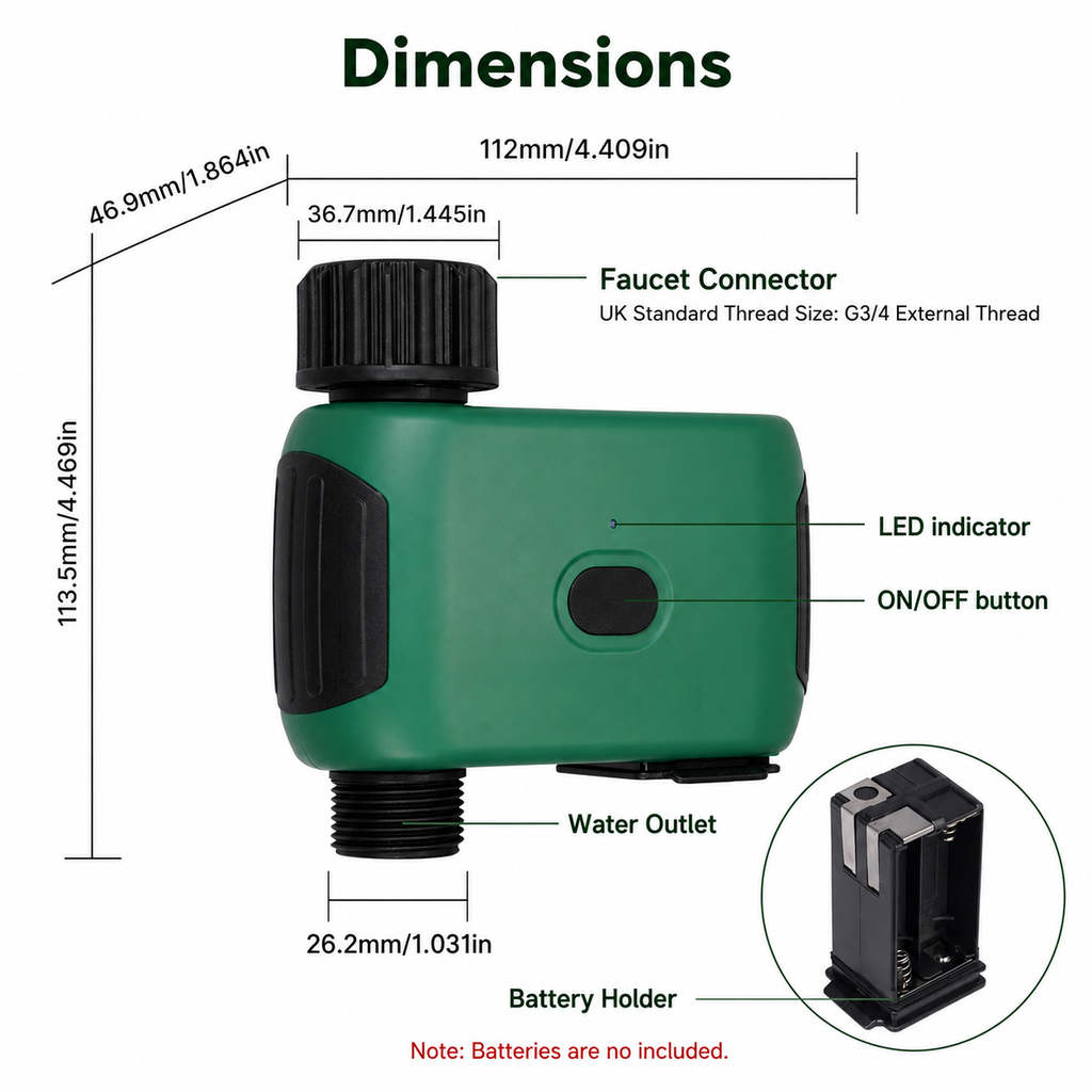 Dimension diagram of NeoGarden Wi-Fi water timer connector, outlet and battery holder