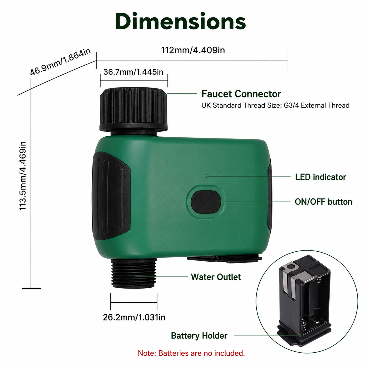 Dimension diagram of NeoGarden Wi-Fi water timer connector, outlet and battery holder