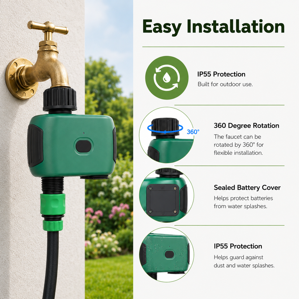 Faucet rotation and sealed battery cover details for Wi-Fi water timer