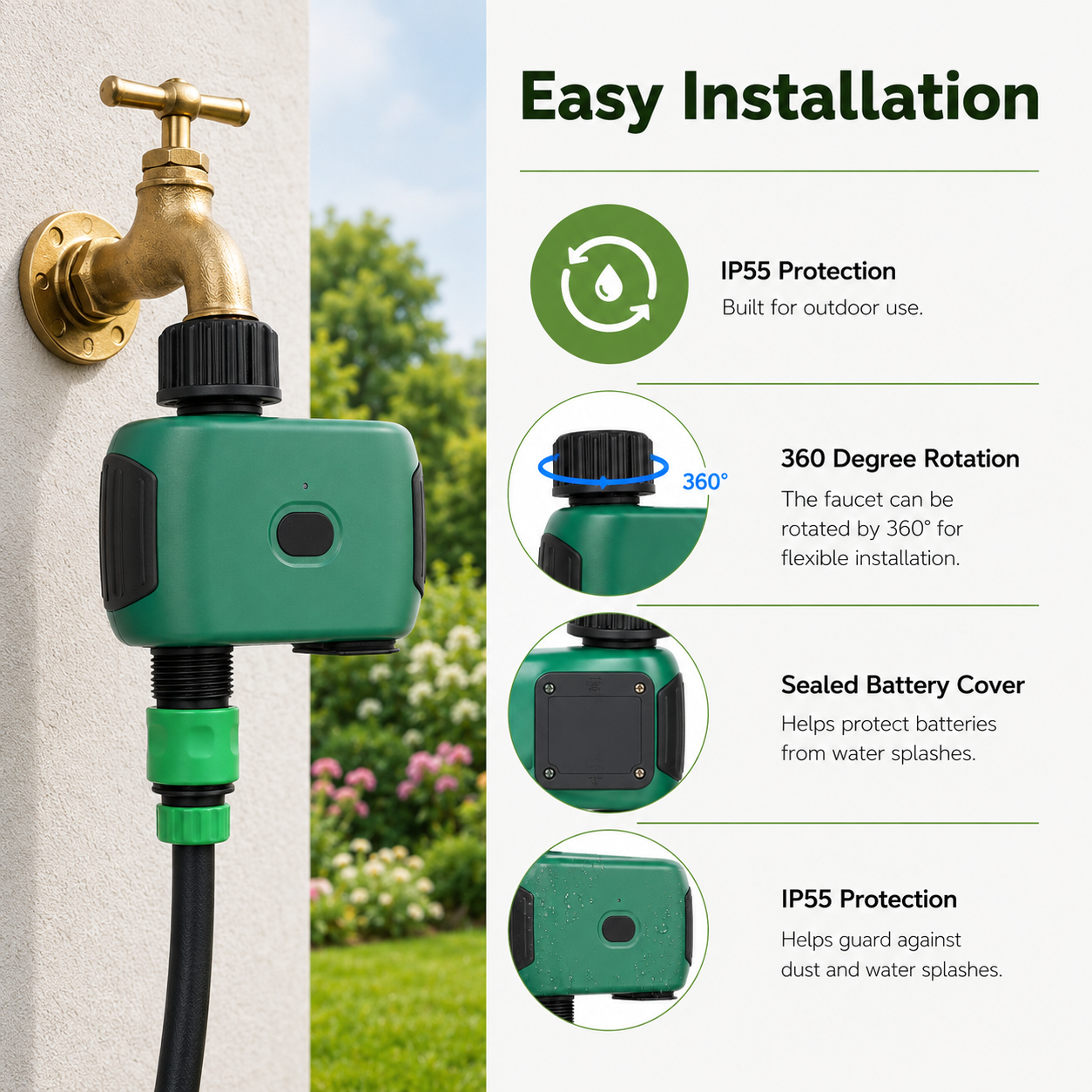 Faucet rotation and sealed battery cover details for Wi-Fi water timer