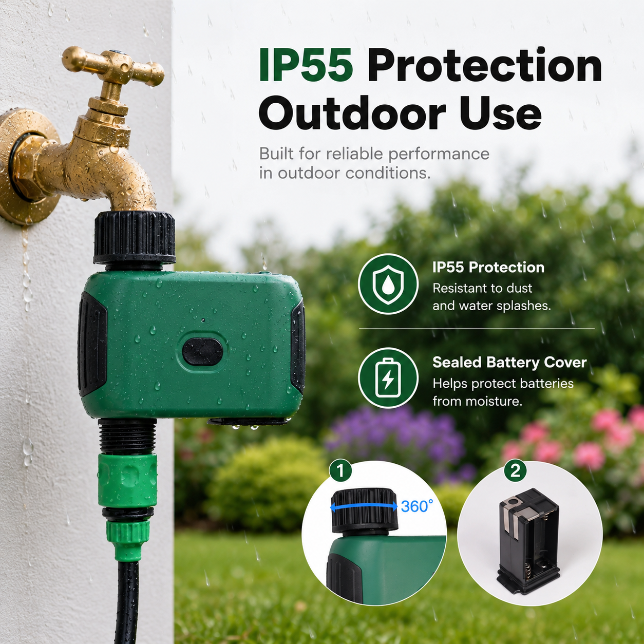 IP55 outdoor protection scene for Wi-Fi irrigation timer