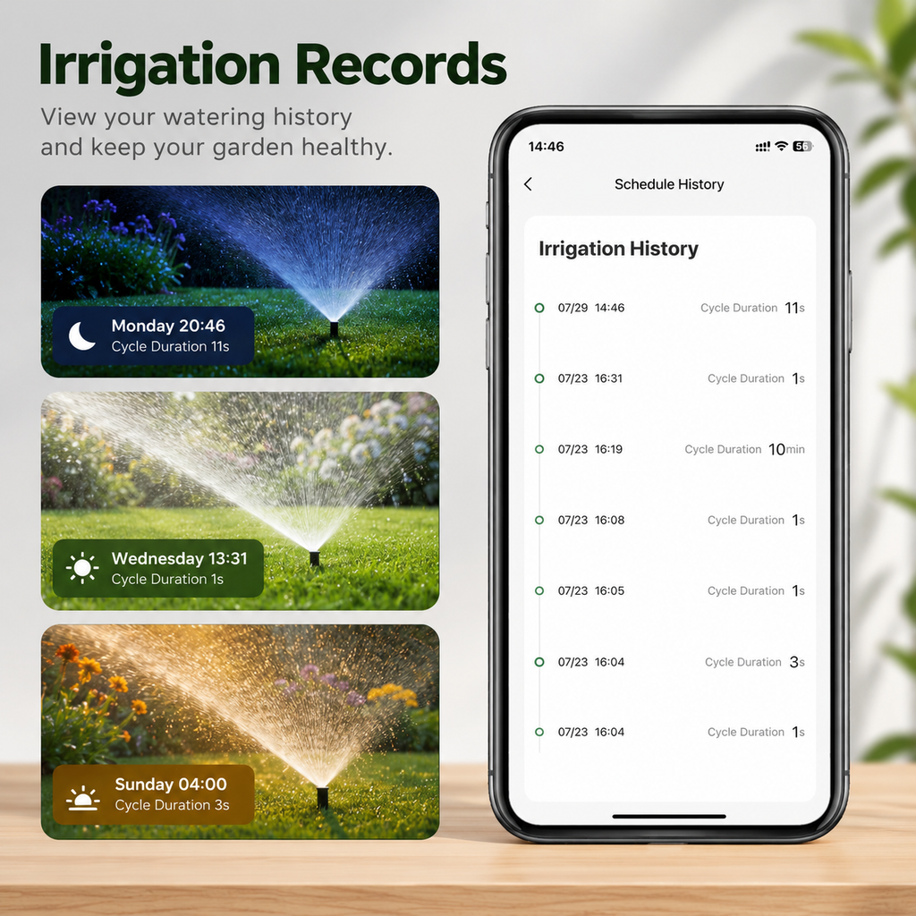 Irrigation records screen for Wi-Fi garden water timer
