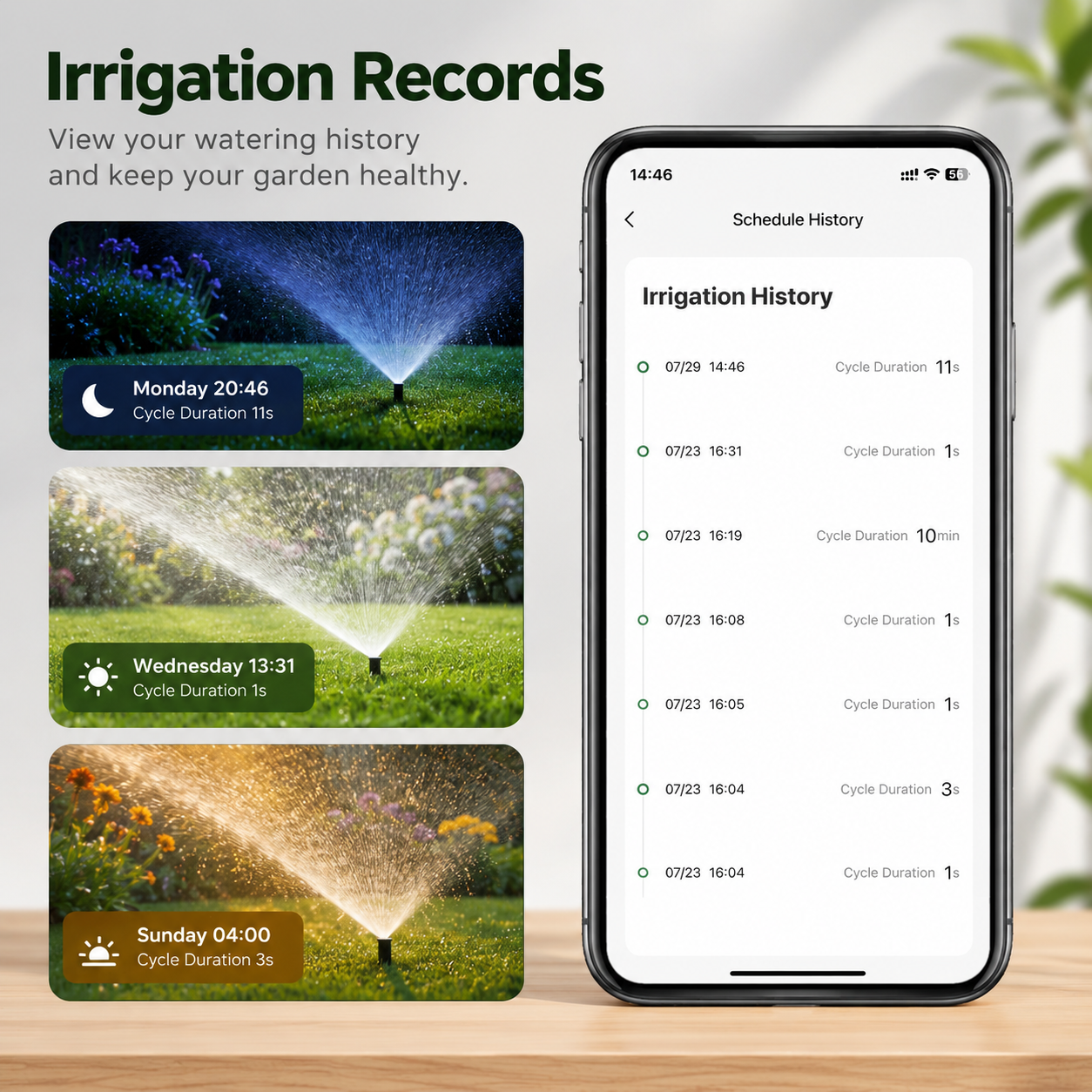 Irrigation records screen for Wi-Fi garden water timer