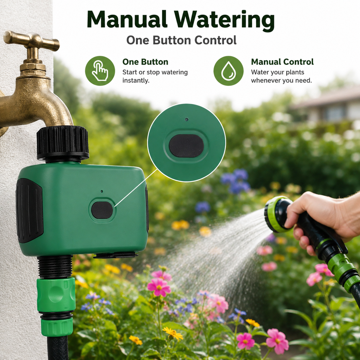 Manual watering button function for green Wi-Fi water timer