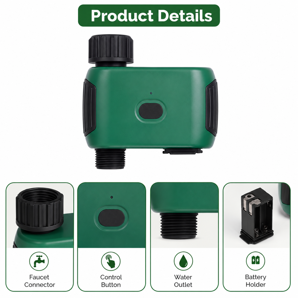 Product detail strip showing faucet connector, control button, water outlet and battery holder