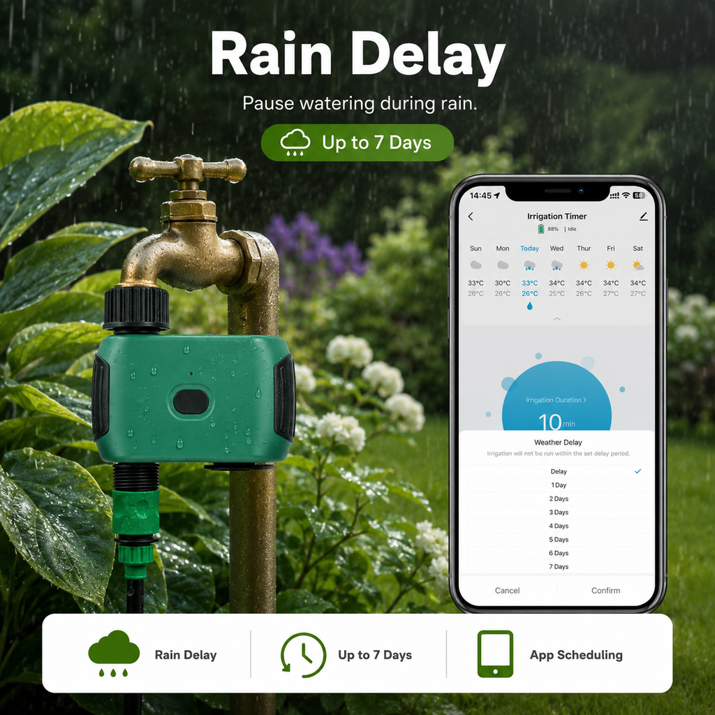 Rain delay scheduling scene for Wi-Fi garden water timer