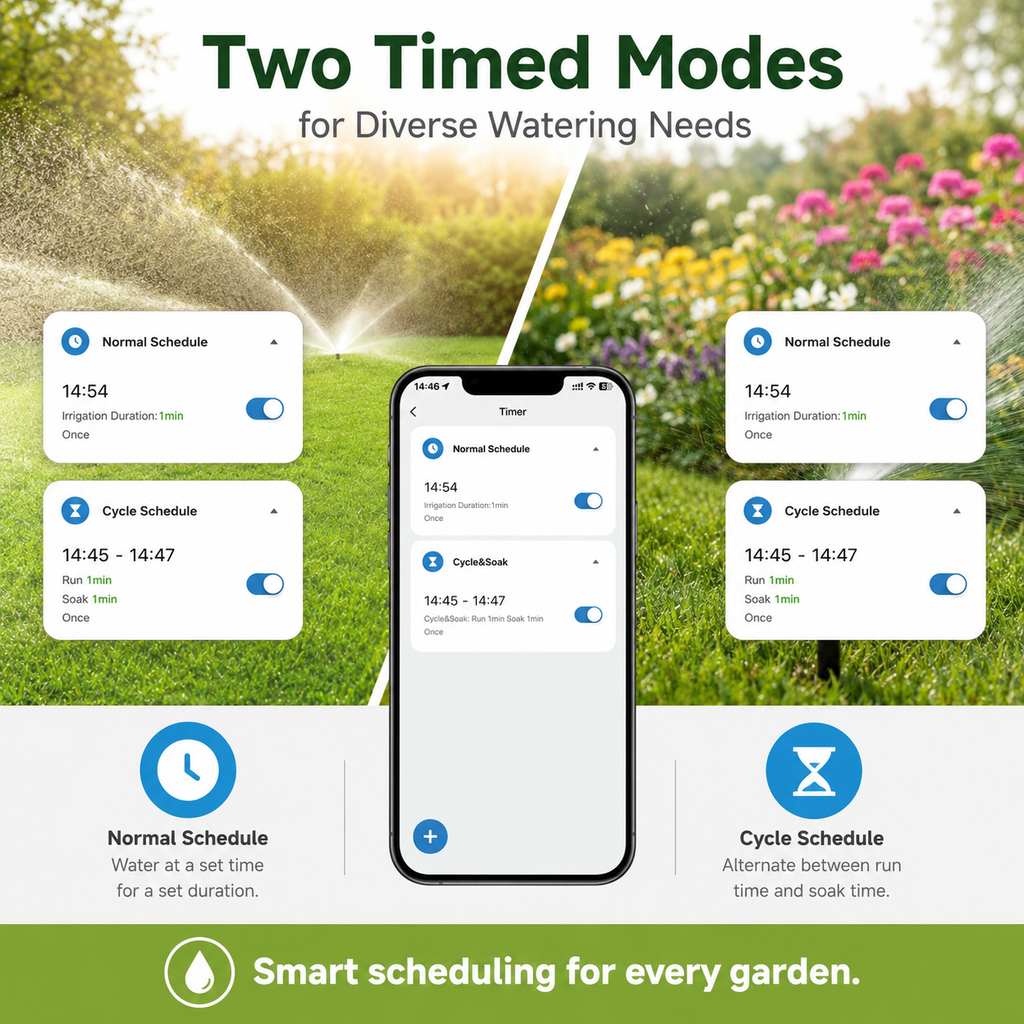 Phone schedule modes for smart garden watering timer
