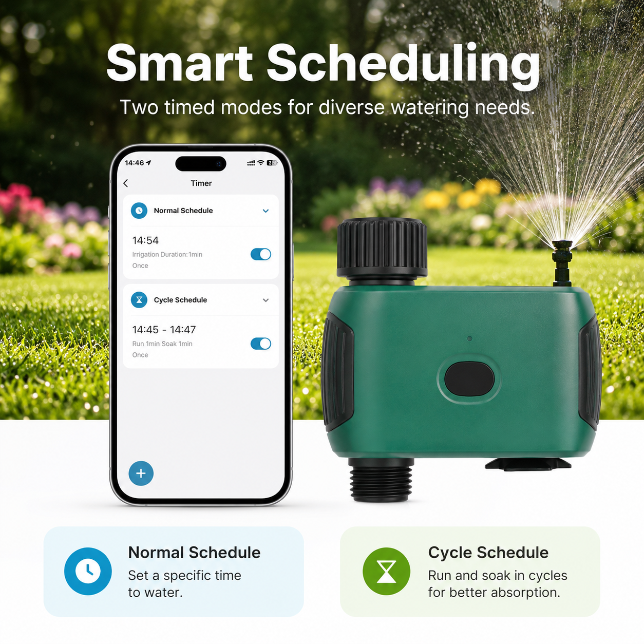 Smart scheduling modes for NeoGarden Wi-Fi garden water timer
