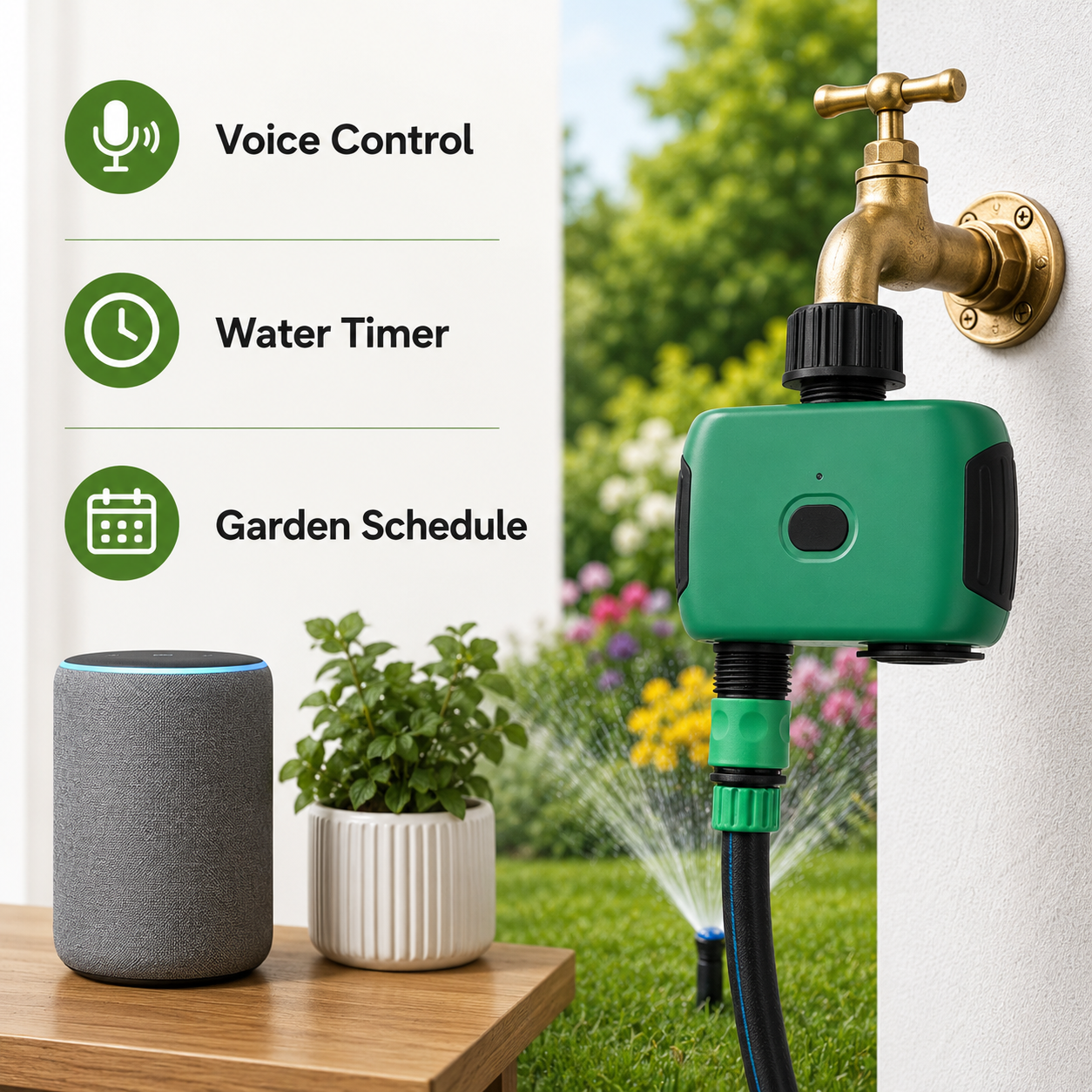 Generic voice control garden scene for smart water timer