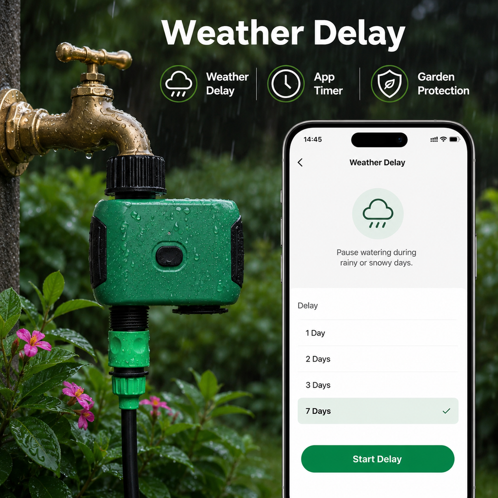 Weather delay app screen for garden water timer