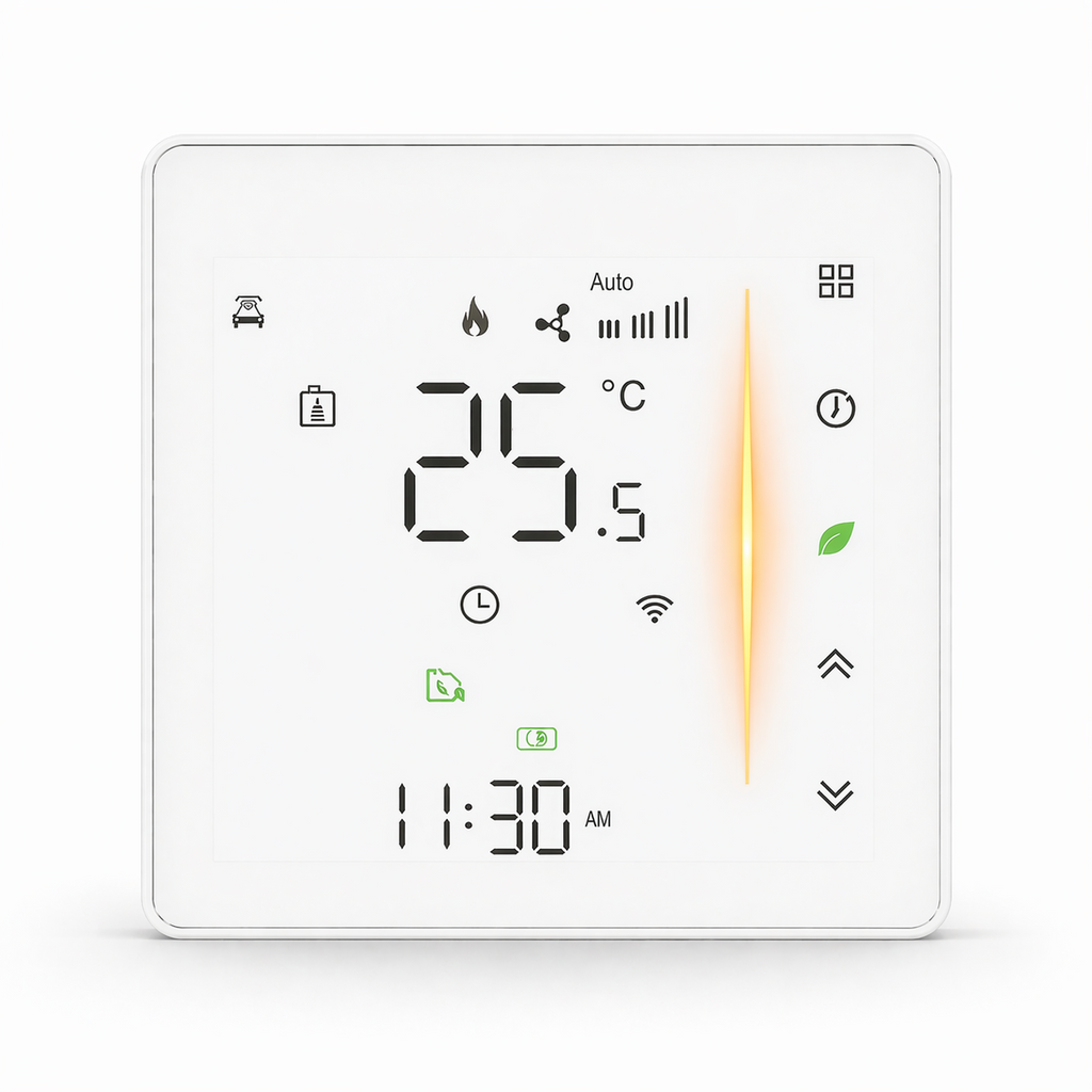 Thermostat tactile NéoGlass Comfort blanc vu de face sur fond blanc, avec écran LED couleur et façade effet verre.