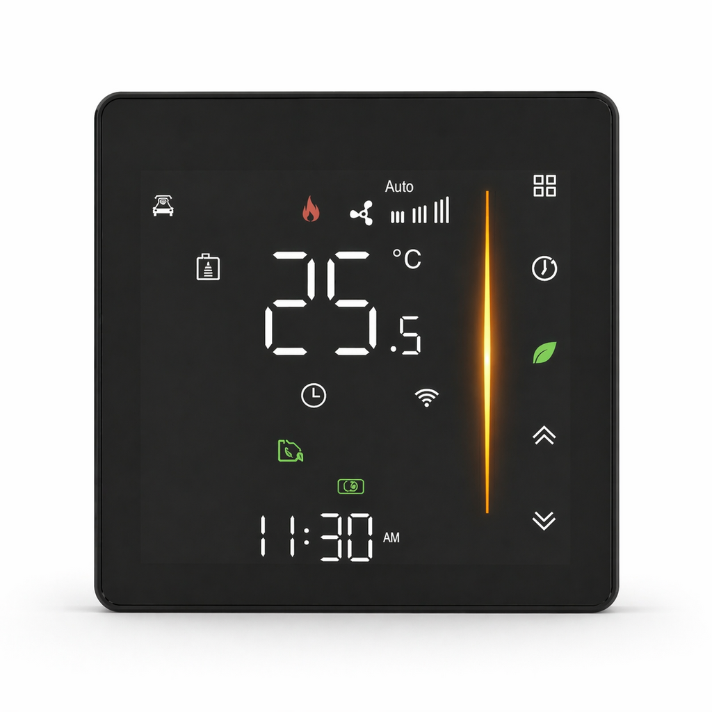 Thermostat tactile NéoGlass Comfort noir vu de face sur fond blanc, avec écran LED couleur et façade effet verre.