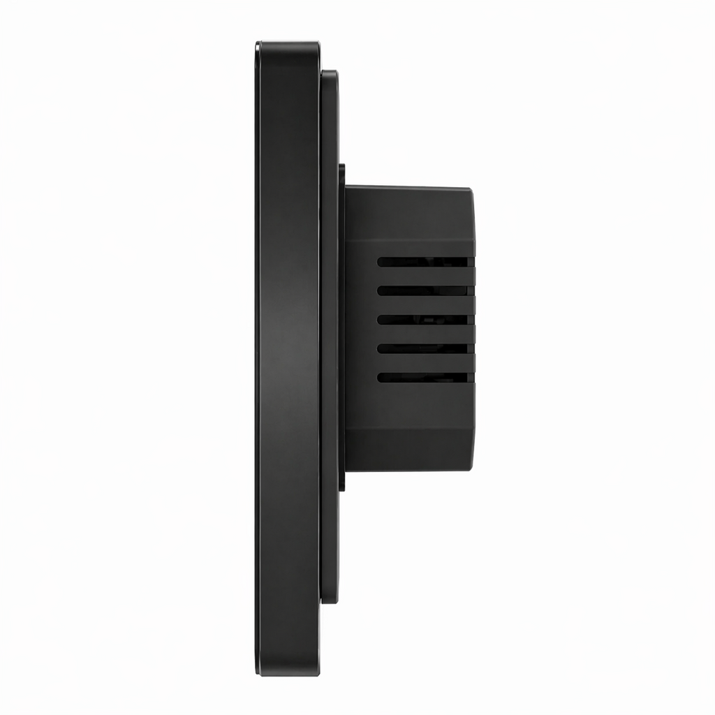 Profil latéral du thermostat tactile NéoGlass Comfort noir sur fond blanc, montrant la façade effet verre et le boîtier encastrable.