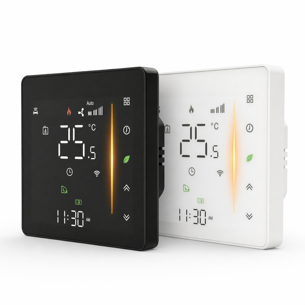 Thermostats tactiles NéoGlass Comfort noir et blanc sur fond blanc, avec écran LED couleur et façade effet verre.