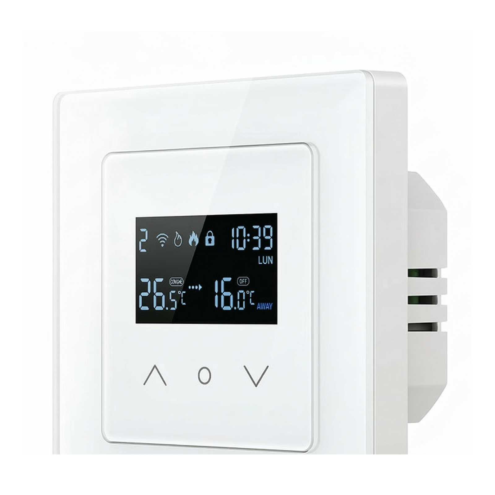 Thermostat tactile NéoGlass Essential modèle chaudière gaz et eau en vue inclinée sur fond studio blanc.