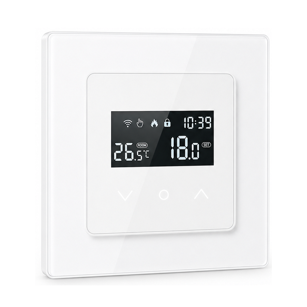 Thermostat tactile NéoGlass Essential modèle chauffage eau vu de face sur fond studio blanc.