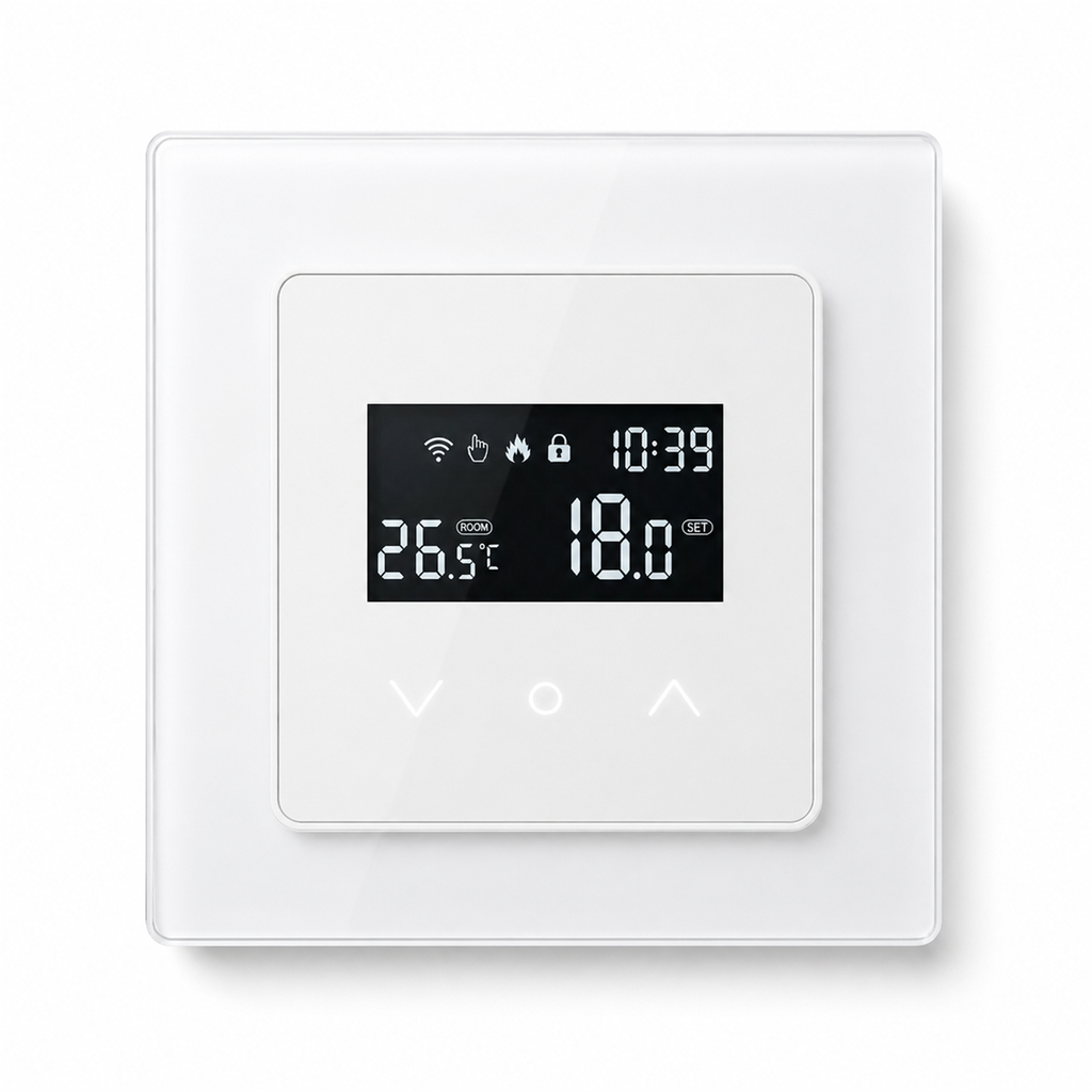 Thermostat tactile NéoGlass Essential blanc vu de face sur fond studio blanc.
