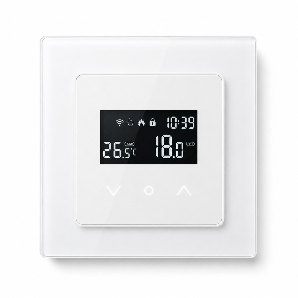 Studio packshot of white Wi-Fi touchscreen wall thermostat