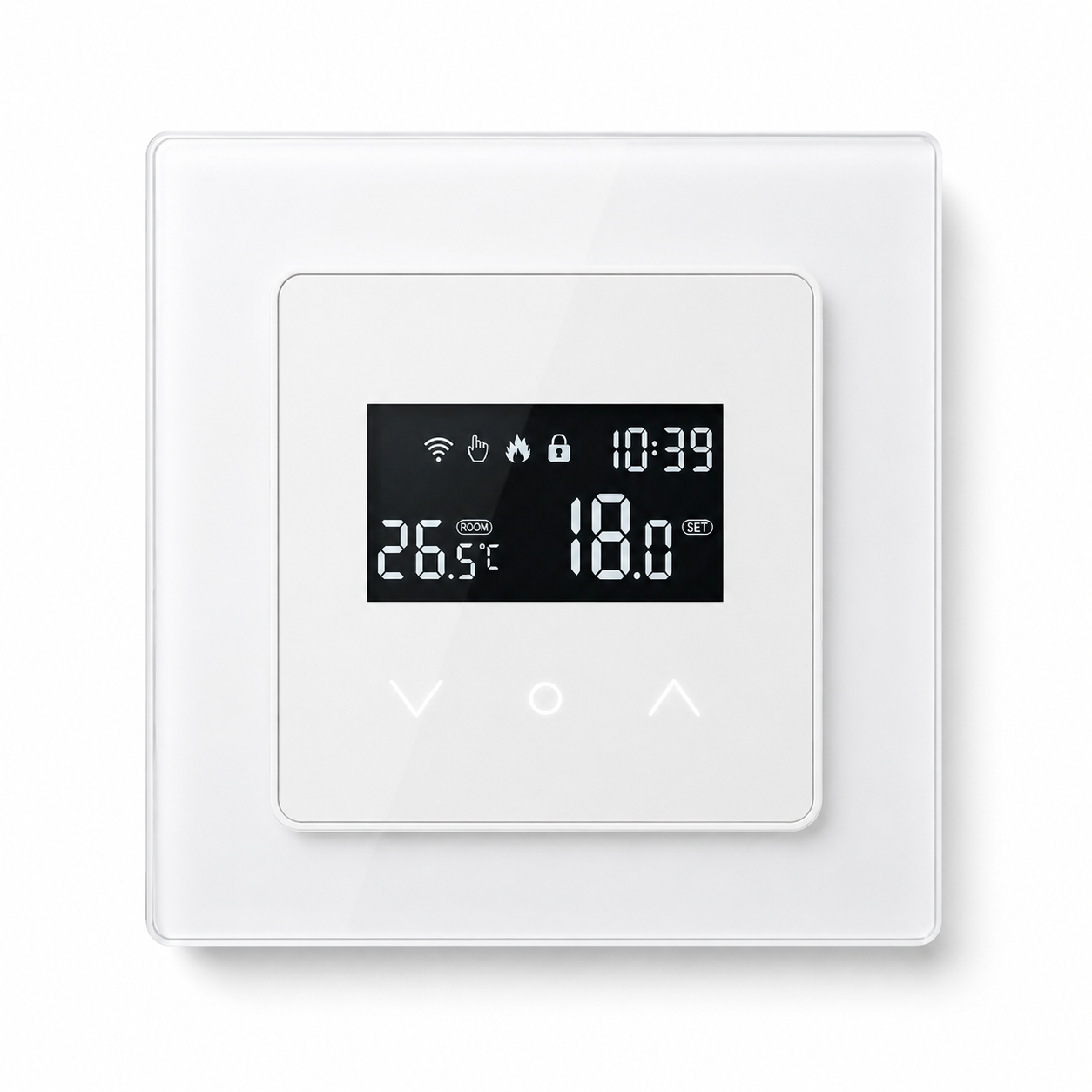 Studio packshot of white Wi-Fi touchscreen wall thermostat